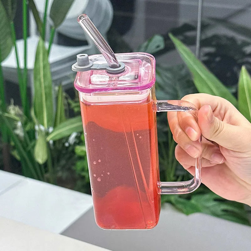 Wholesale 400ml Luxury Novelty Glass Tumbler Square Glass Cups With Straw and Lid Handle Tea Coffee Beer