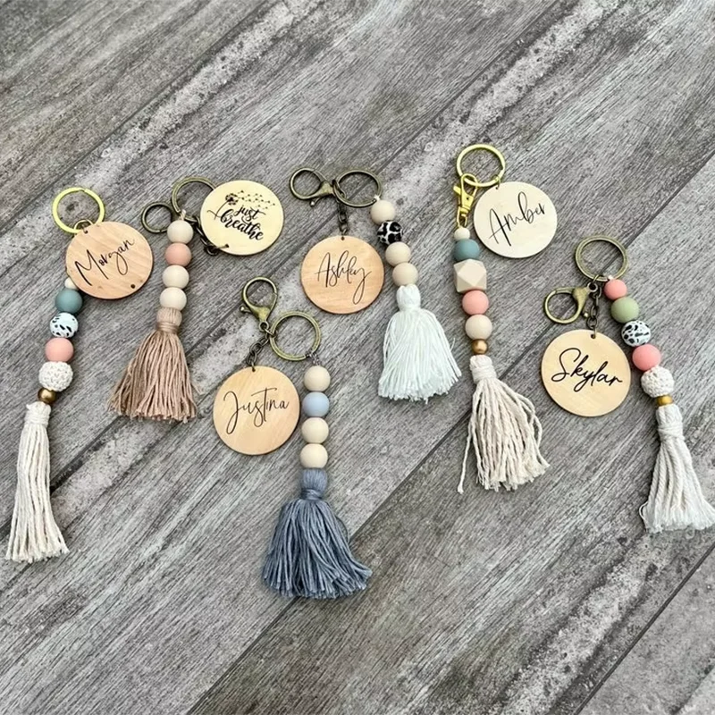 Boho Custom Cute Silicone Wood Bead Keychain Eco Friendly Wood Brand Woolen Tassel Keychain for Jewelry Gift