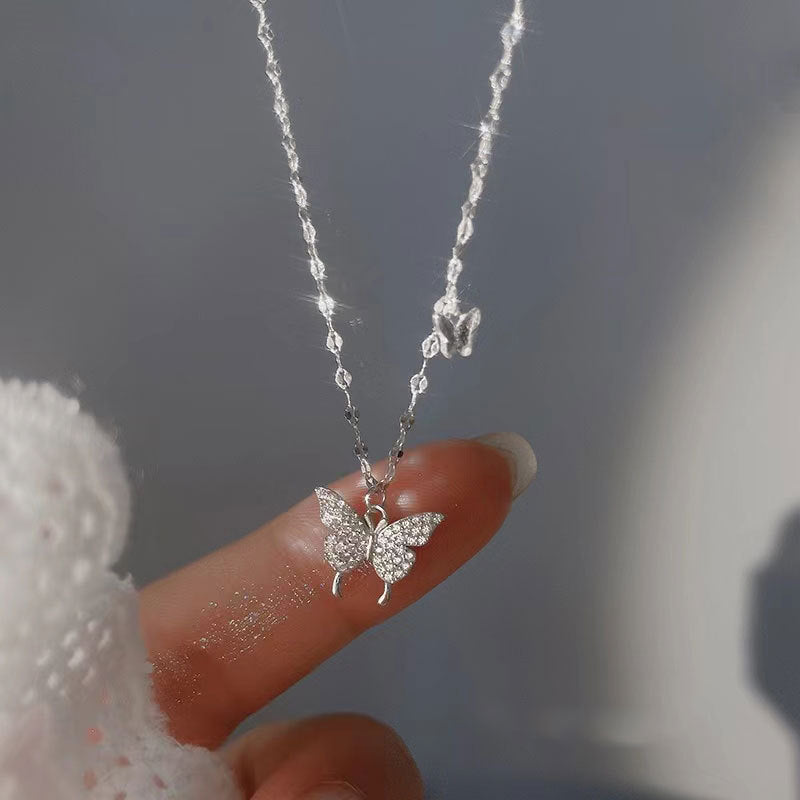 Luxury Gorgeous Pure 925 Sterling Silver Shiny CZ Zircon Butterfly Pendant Necklace for Women Girls Jewelry