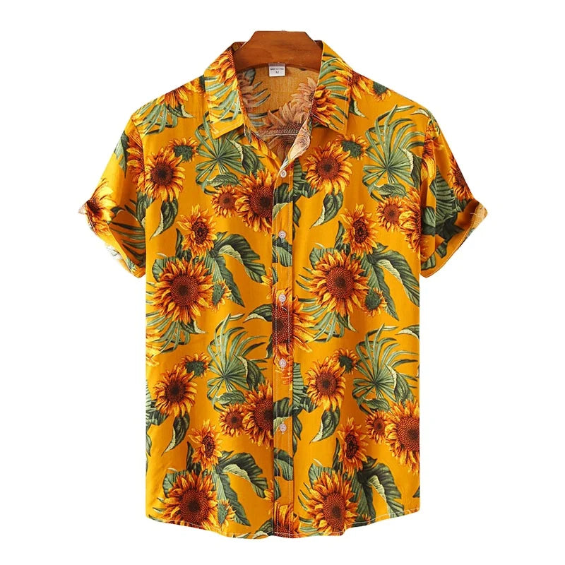 RNSHANGER Hawaiian Men Shirts Summer Sunflower Print Lapel Fashion Short Sleeve Men's Shirts Loose Oversized Daily Shirts