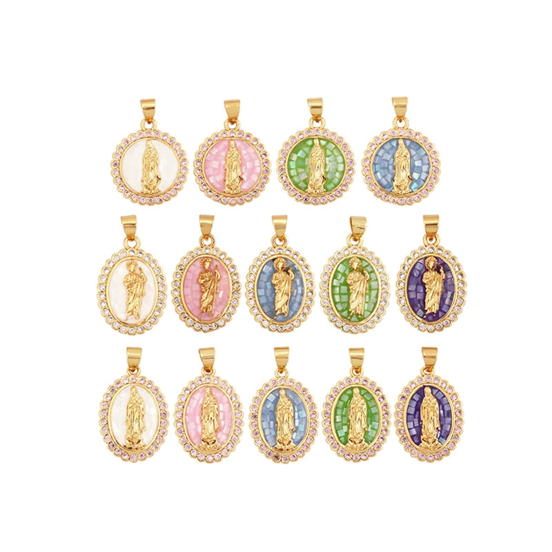 Religion Style Virgin Mary Gold Plated Inlaid Shell Chips Charm Pendant Jewelry Necklace Accessories Hand Making Supplies L49