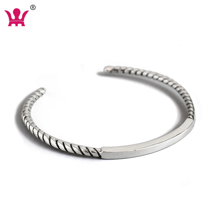 S925 Pure Silver Simple Retro Do Old Twisted Rope Rectangular Tube Vintage Silver Bracelet