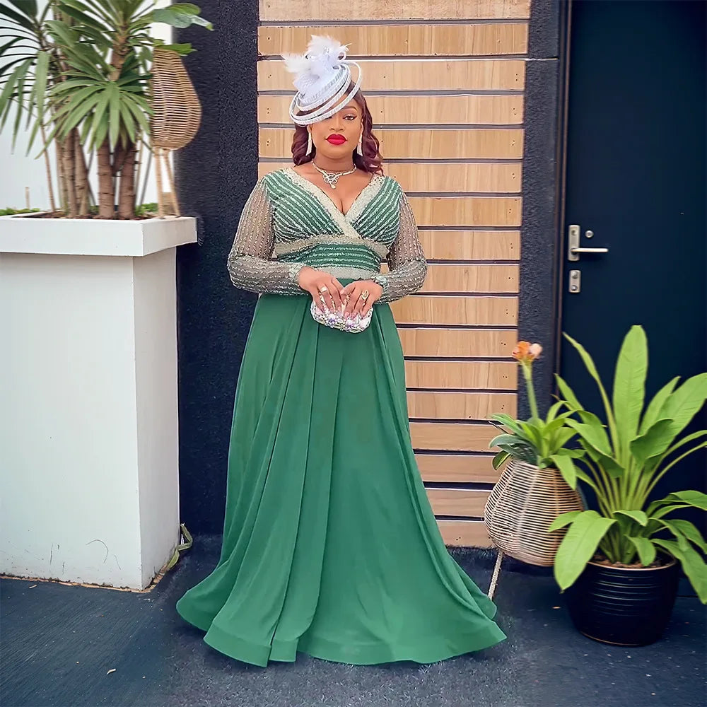 African Women's Fashion Chiffon Long Dress African Style Elegant Sequins Dress Fashion Lady Christmas Dress