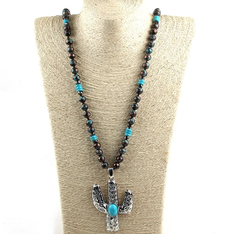 Retro 10mm CCB Blue Flat Turquoise Necklace Rhodium Plated Alloy Cactus Pendant Necklaces Western Jewelry