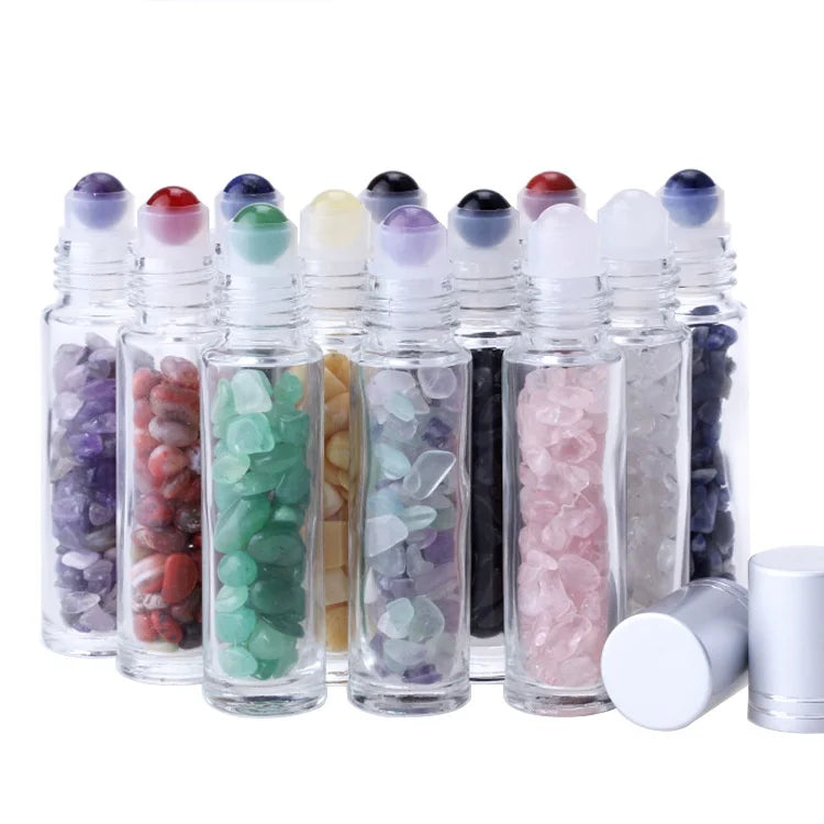 Natural Semiprecious Stone Essential Oil Bottle 10ml Healing Crystal Stone Roller Ball Bottles Transparent Aromatherapy Bottle