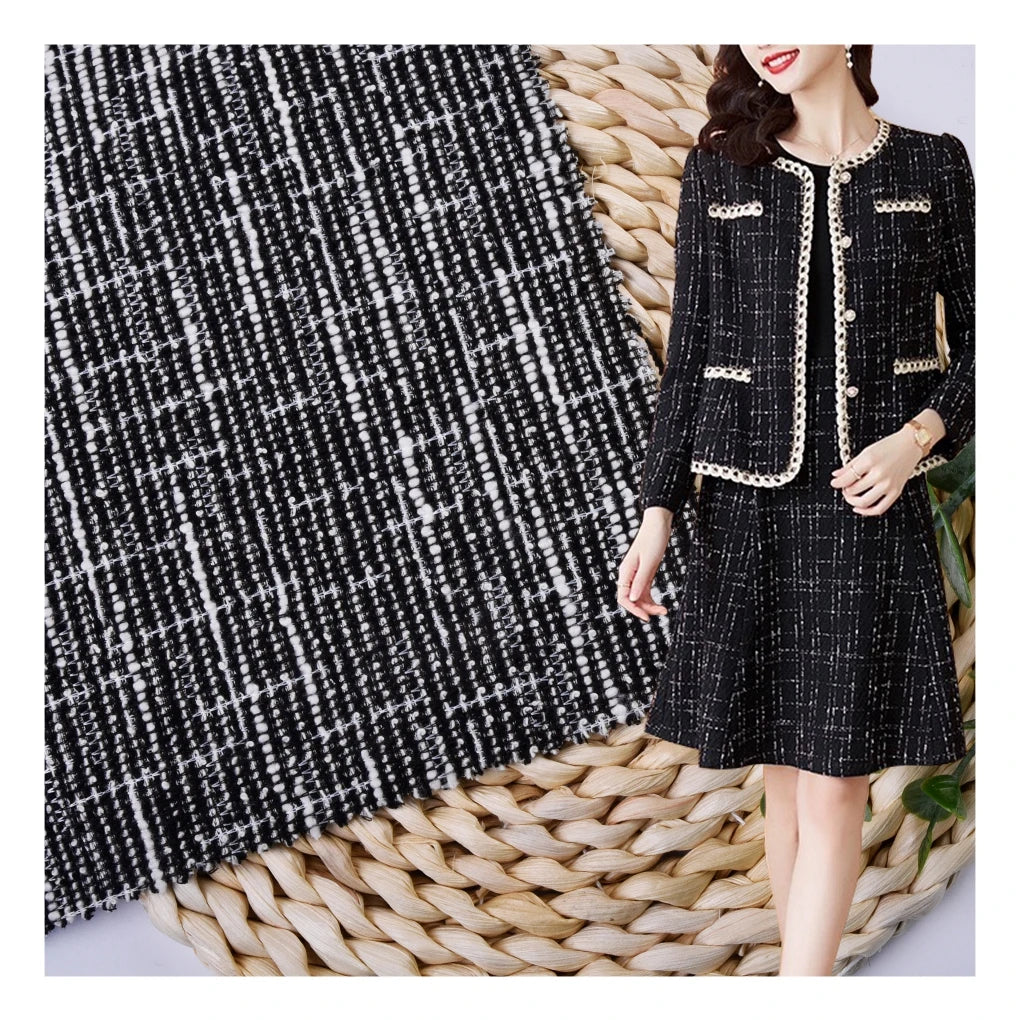 Fashion Design Black White Plaid Polyester Cotton Spandex Fancy Tweed Fabrics for Dress