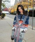 Women Winter Vintage Wolf Jacquard Long Sleeves Plus Size Wool Belt Tassel Sweater Cardigan