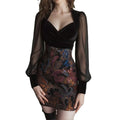 RNSHANGER Women Floral Print Mini Dress Elegant Sexy V Neck See-through Mesh Splicing Long Sleeve Bodycon Hip Dress for Ladies