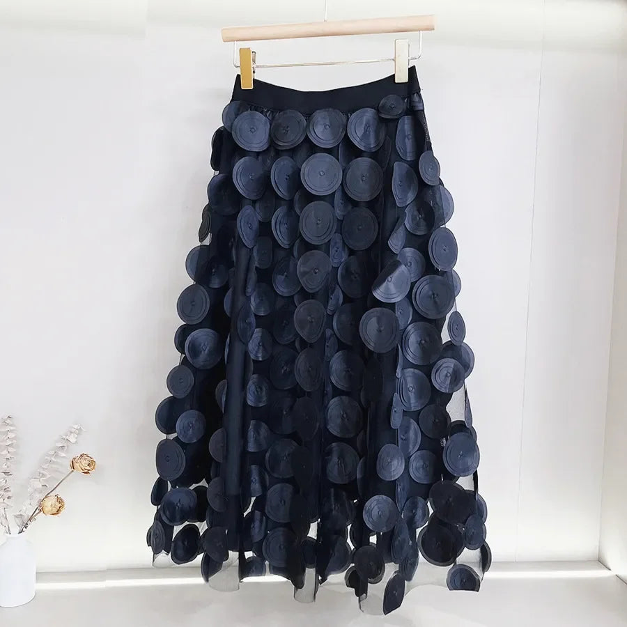 Women Empire Waist Casual Breathable Polka Dot 3D Design Tulle Mesh Skirt Mid-Calf Elastic Waist A-line Tutu Skirt