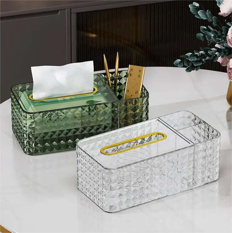 Plastic Portable Tissue Box Holder Desktop Storage Container Diamond Pattern With Remote Control Storage Box