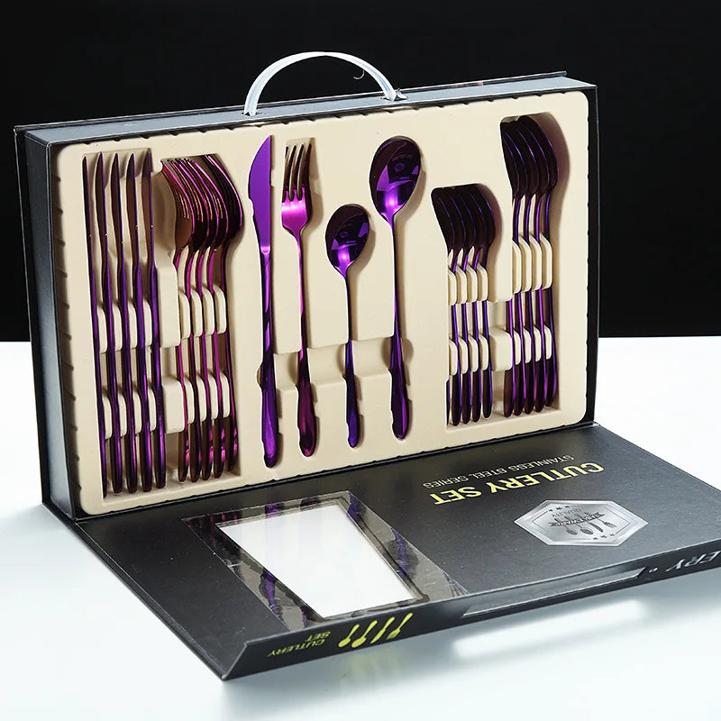 Juego De Cubiertos De Acero Inoxidable 36 Pcs Set Messer Gabel Loffel Purple Cutlery High-end Gift Box Set