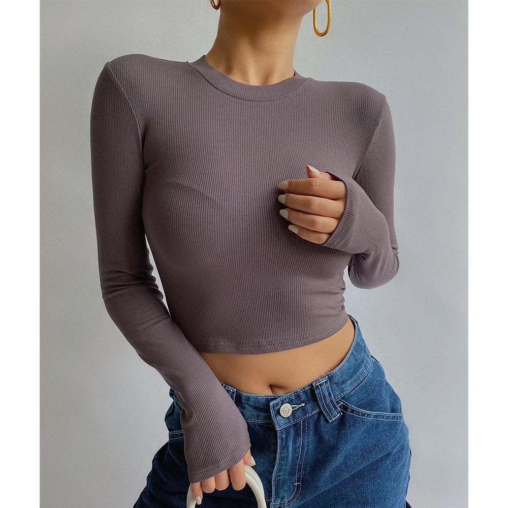Custom Summer Clothes Sexy Slim T Shirt for Ladies Ribbed Long Sleeve Crewneck T-shirt Casual Womens Shirts