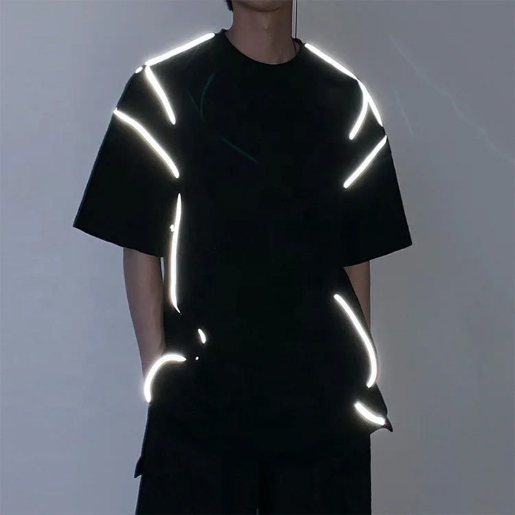 Wholesale 100% Cotton Blank Round Neck Boys Tee Shirts Oversized Drop Shoulder  Reflective Stripe Men T Shirts