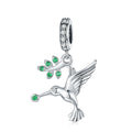 925 Sterling Silver Green Zircon Bird Pecks Green Leaf Dangles Charms Fit Bracelet Necklace Pendant Women Elegant Jewelry SCC982