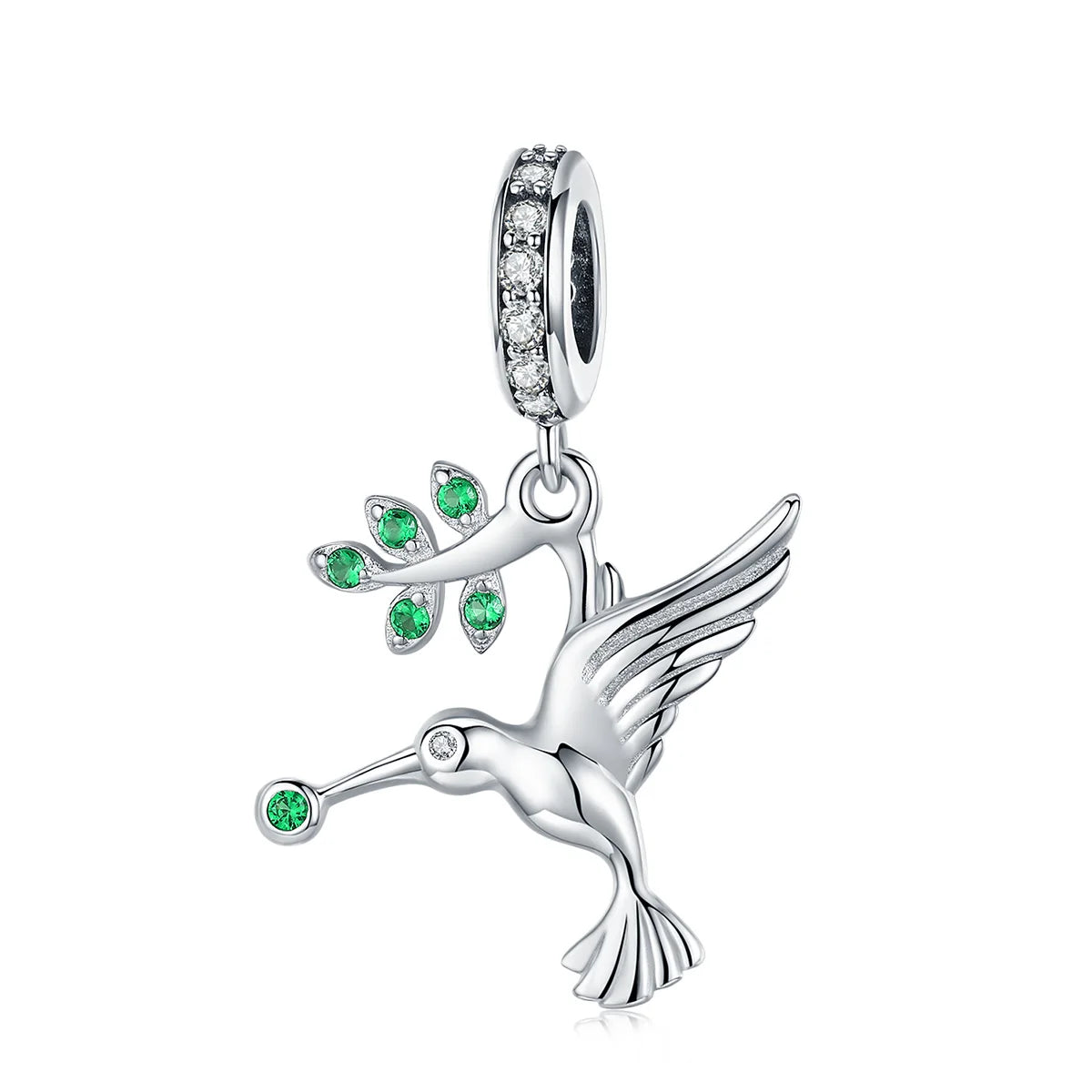 925 Sterling Silver Green Zircon Bird Pecks Green Leaf Dangles Charms Fit Bracelet Necklace Pendant Women Elegant Jewelry SCC982