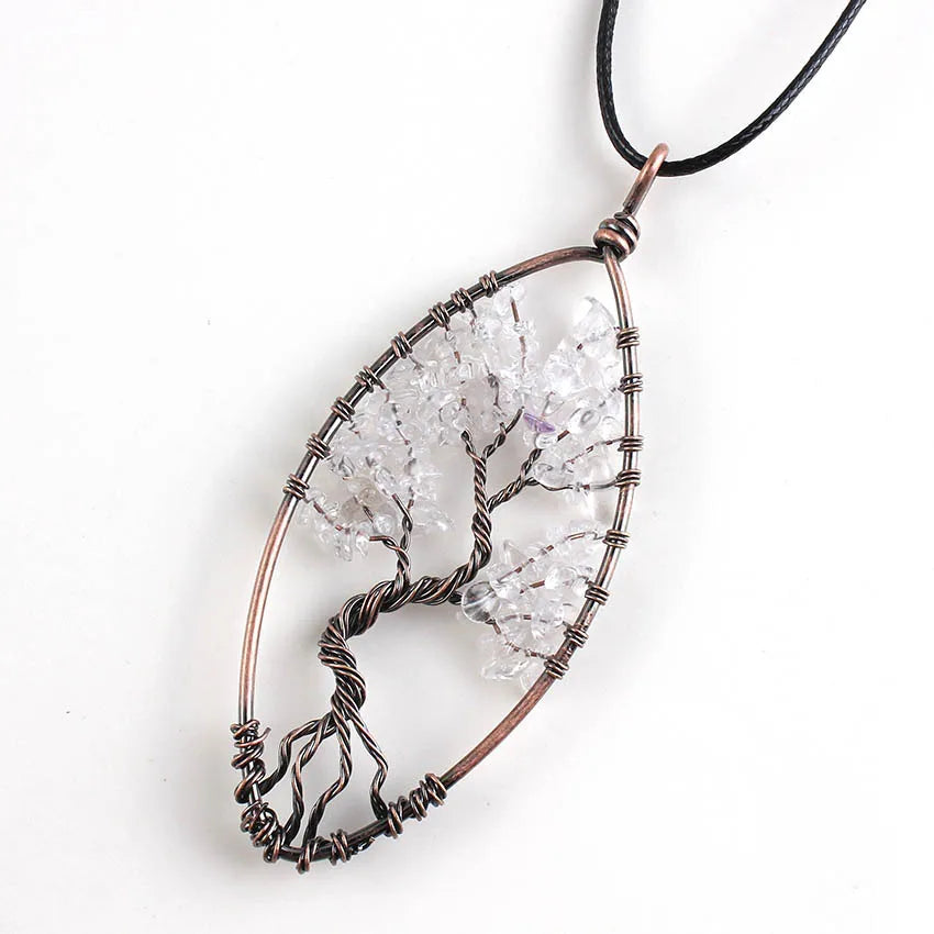 HY Natural Amethyst Reiki Chakra Tree of Life clear quartz Wire Wrapped Healing Crystal Pendant Necklace Folk Crafts