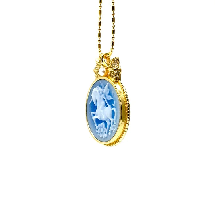 925 Silver  Gold Plated Unicorn Necklace Carving Round Agate Cameo Animal Pendant for Girls