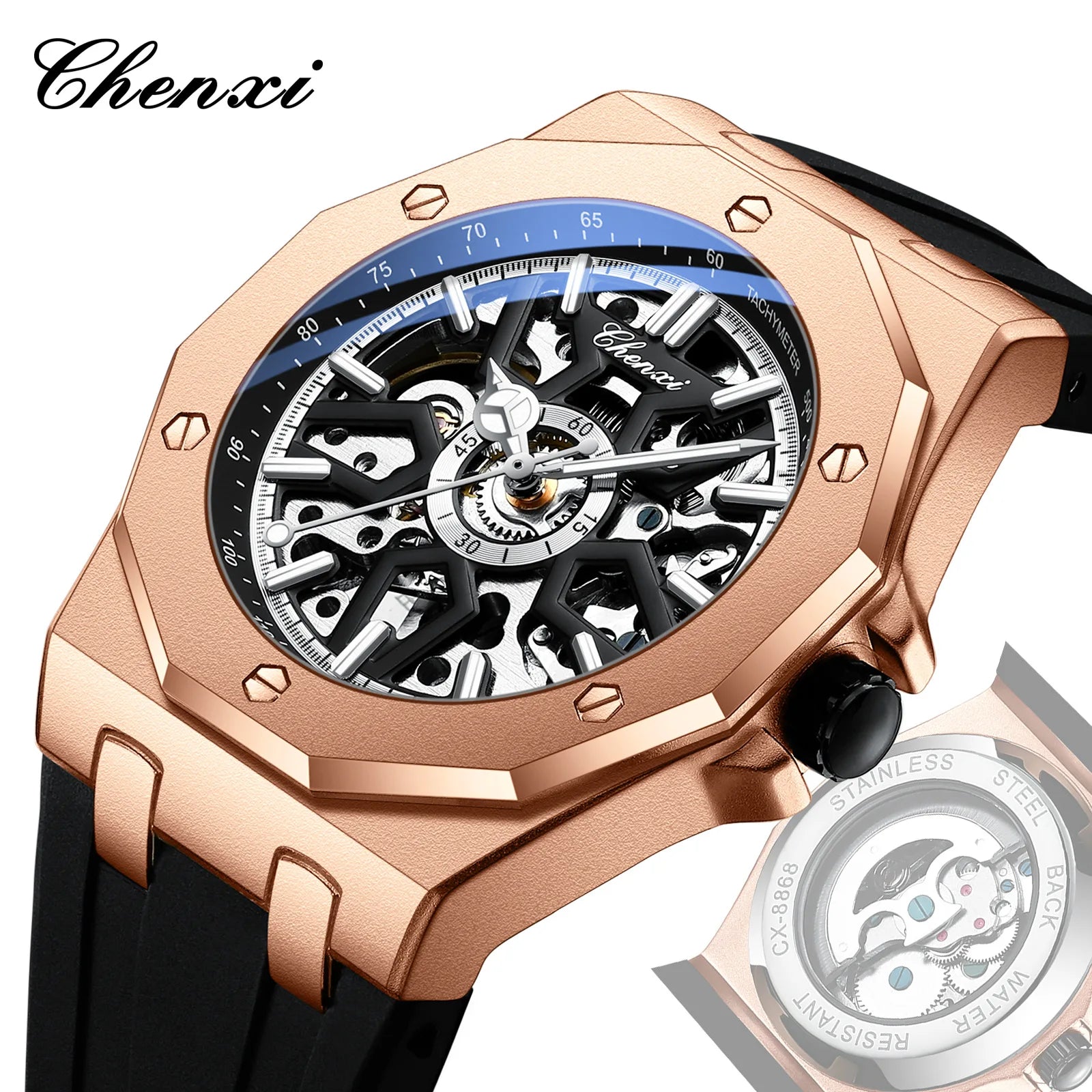 Chenxi Watch Men 8868 Movement Mechanical Watches Classic Man Luminous Skeleton Silicone Bracelet Wristwatches Relojes Hombre