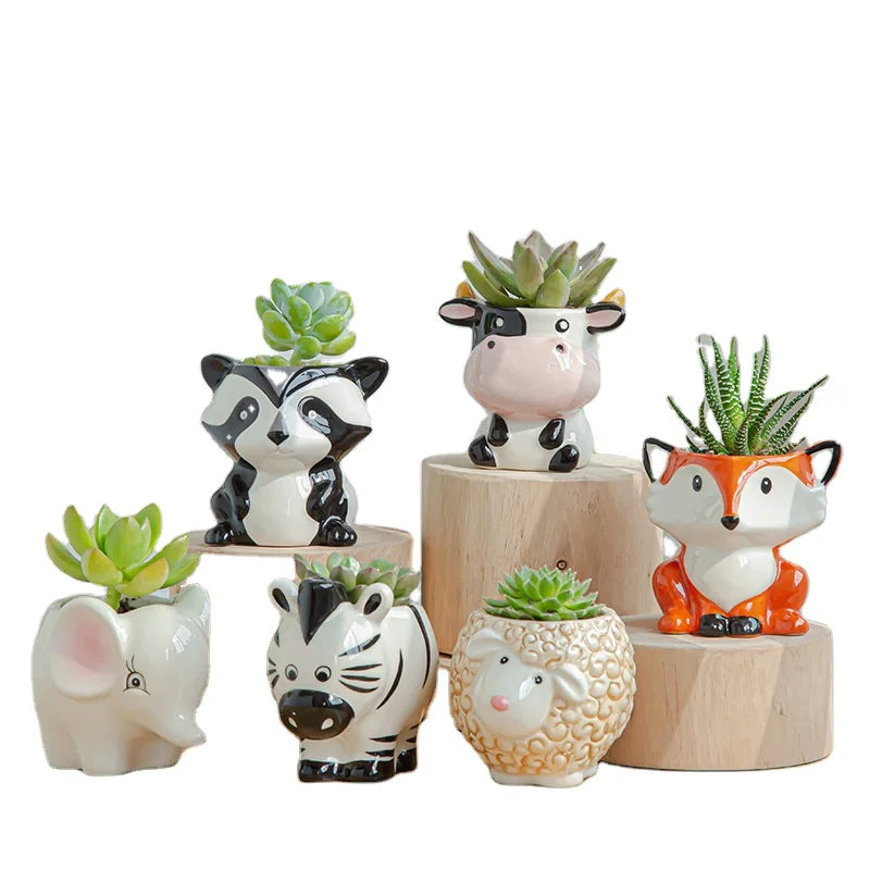 RTS LOW MOQ 2023 Hot Sale Ceramic Animal Flower Pots Ceramic Fox Panda Goat Zebra Cow Elephant Shape Bonsai Pot Planter