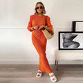 Enyami Spring Collection Plisse Casual Dresses Women Robe Elegance Long Sleeve Pleated Basic Orange Bodycon Maxi Dress