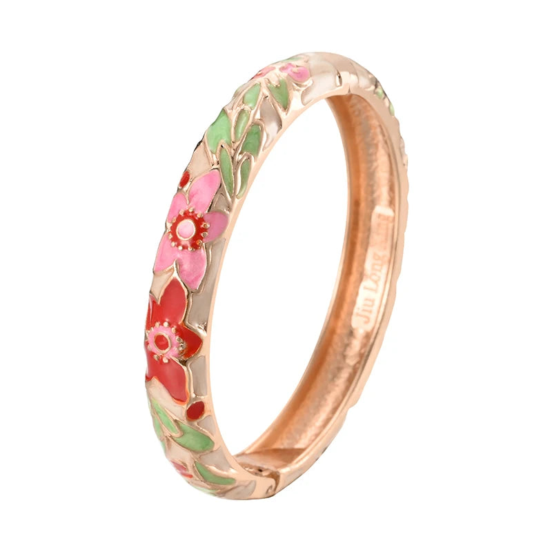 Daili Wholesale Vintage Red and Green Enamel Color Flower Bracelet Bangle for Girl Jewelry Bangle Custom Bangles