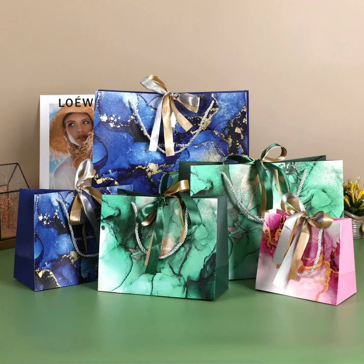 Happy Time Marble Texture Gift Paper Bag With Ribbon Closure Accept Custom LOGO
