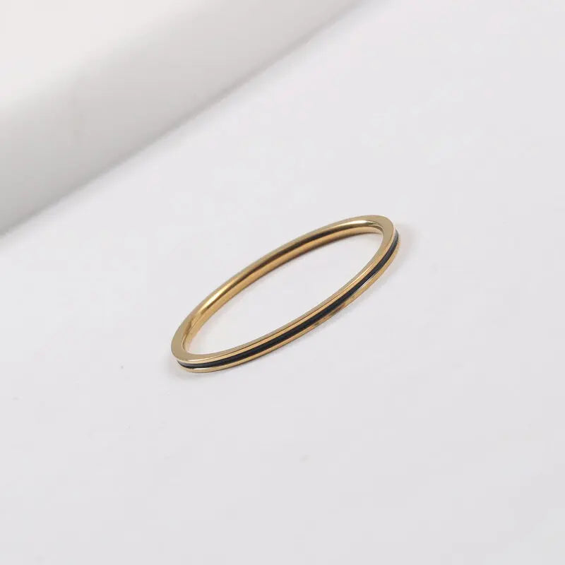 Joolim Jewelry 18K Gold Plated  Stainless Steel Lines Black Enamel Super Fine Dainty Rings for Women