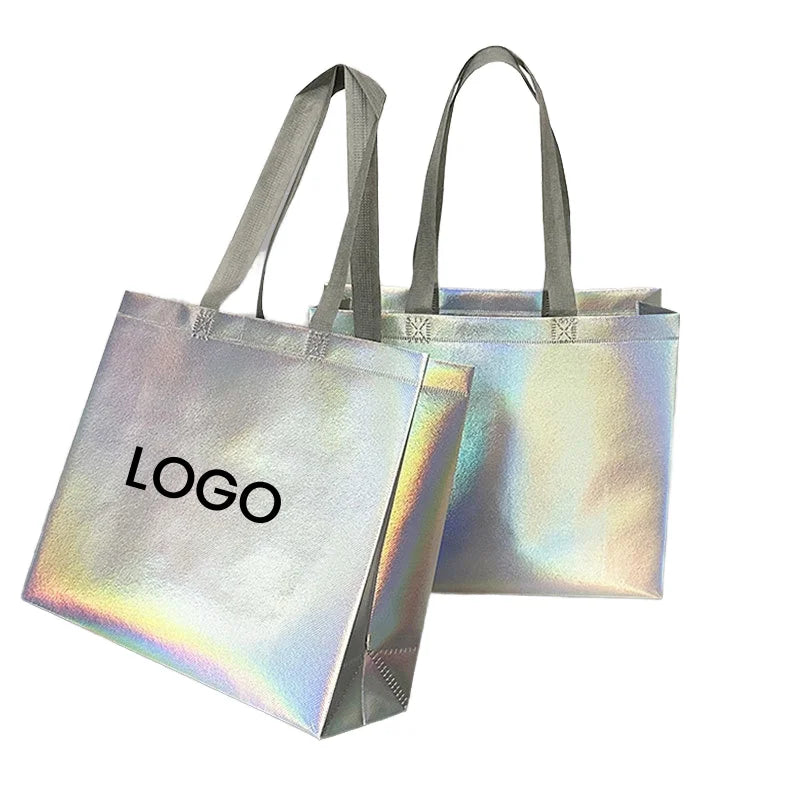 Iridescent Holographic Non-Woven Gift Bag Reusable with Sturdy Base Handles Custom Logo for Party & Shopping Fur & Socks