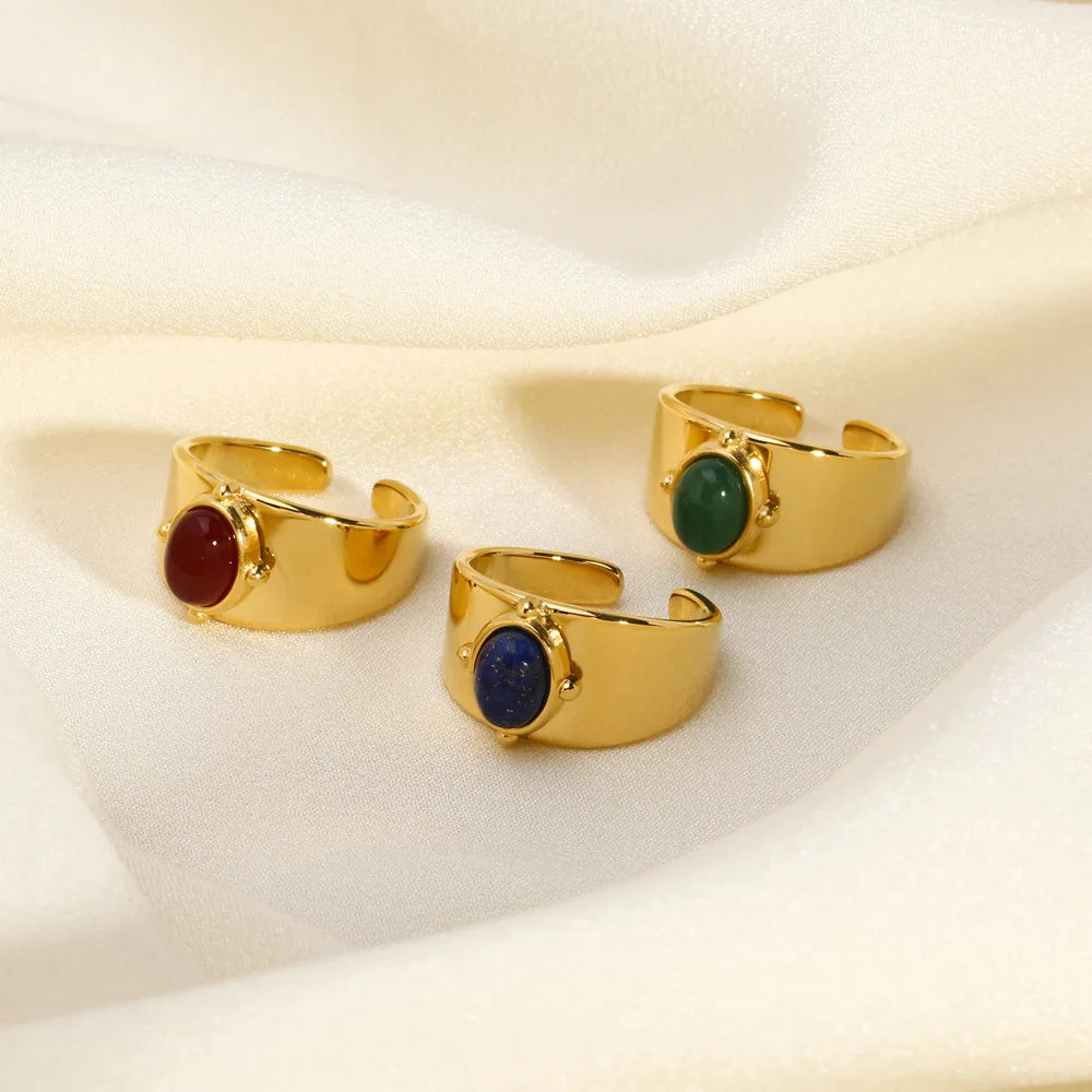 18k Gold Plated Widen Inlaid Oval Natural Stone Ring Simple Stainless Steel Jewelry Ring Anillos Acero Inoxidable