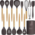 BPA-Free 14 PCS Kitchen Gadgets Set Coffee Color Turner Tongs Spatula Spoon Brush Whisk Stainless Steel Wooden Resistant Tools