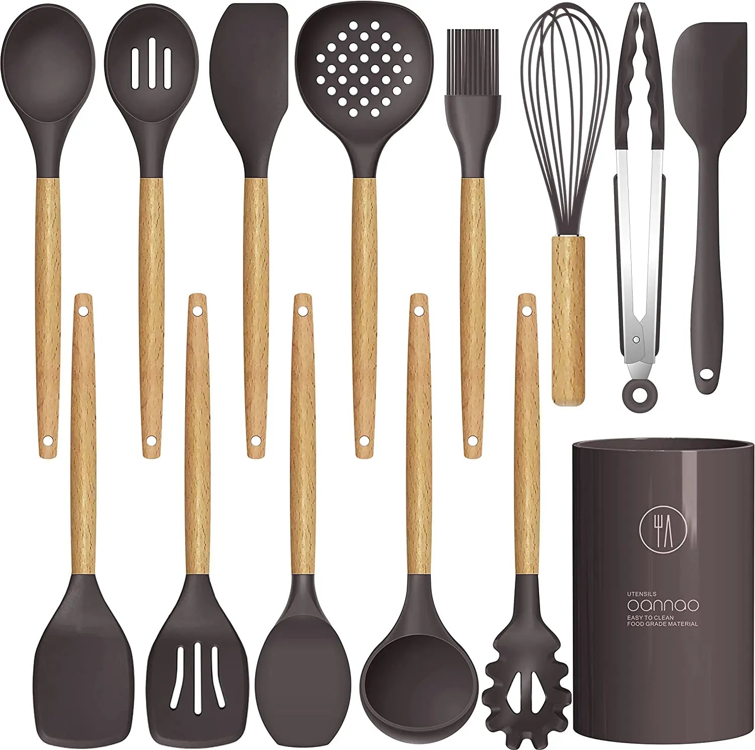 BPA-Free 14 PCS Kitchen Gadgets Set Coffee Color Turner Tongs Spatula Spoon Brush Whisk Stainless Steel Wooden Resistant Tools