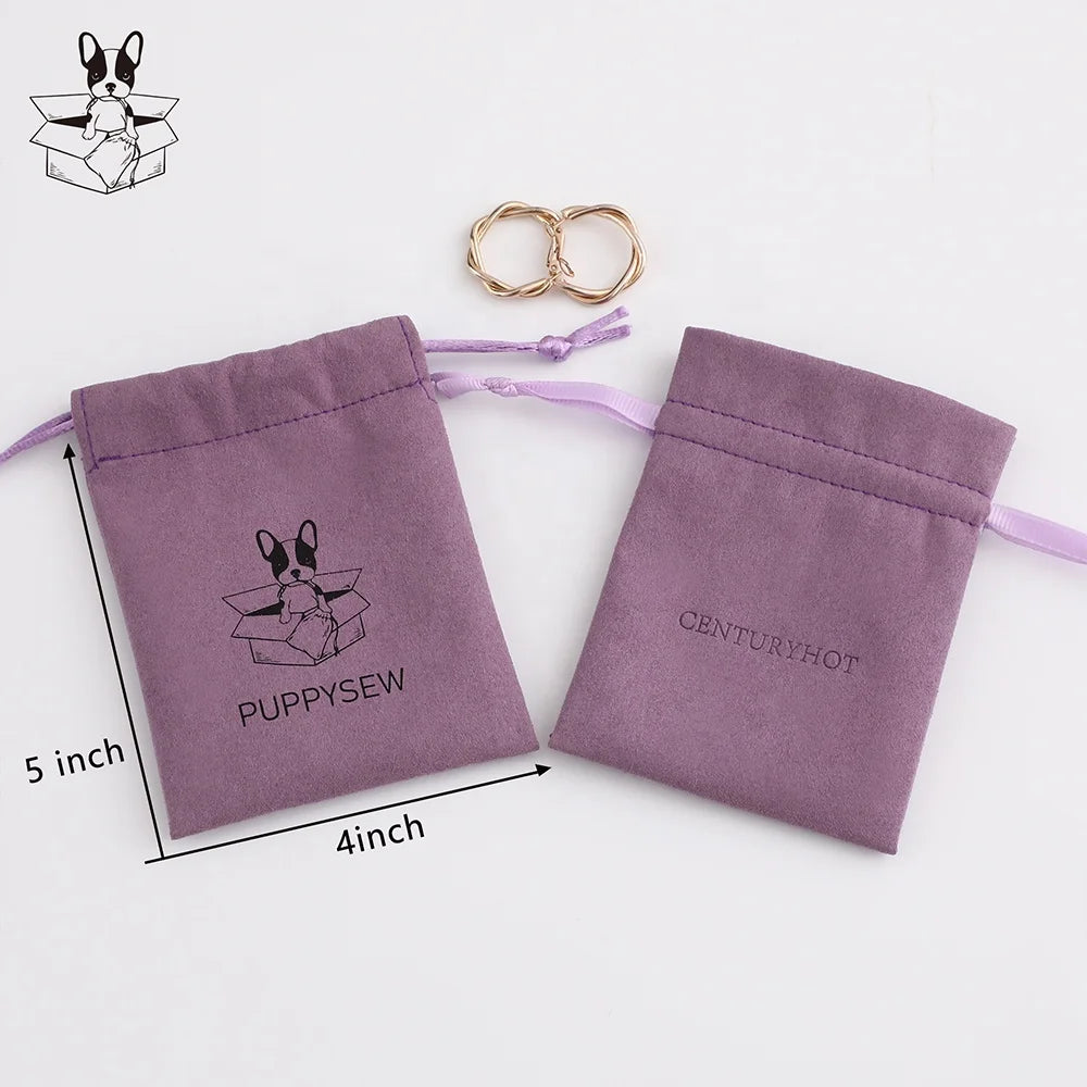 PUPPYSEW Handmade Purple Microfiber Drawstring Jewelry Bags Luxury Jewelry Packaging Pouch Personalized Dust Bag With  Logo