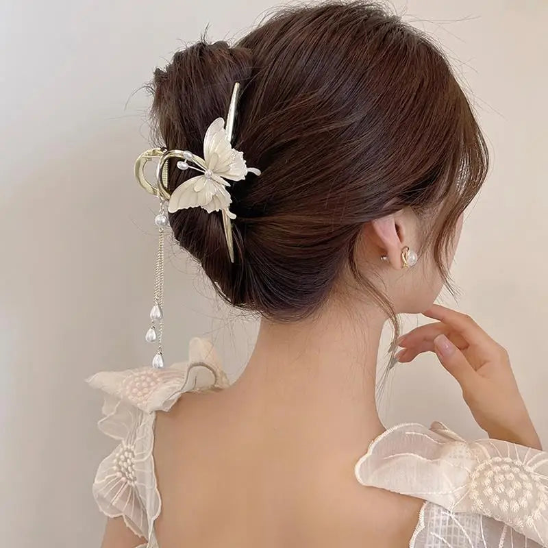Grampo De Cabelo Elegant Gold Plated Hairpins Waterdrop Pearl Tassel Shark Claw Chinese Style Large Size Butterfly Hair Clips W