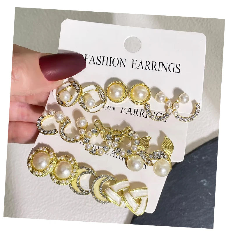 9Pcs/Set Trend Bow Fishtail Pearl Rhinestone Earrings Set