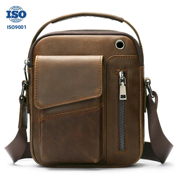 SCHLATUM Genuine Leather Men's Side Bag Vintage Fashionable Crossbody Shoulder Bag with Logo Decoration Small Handbag