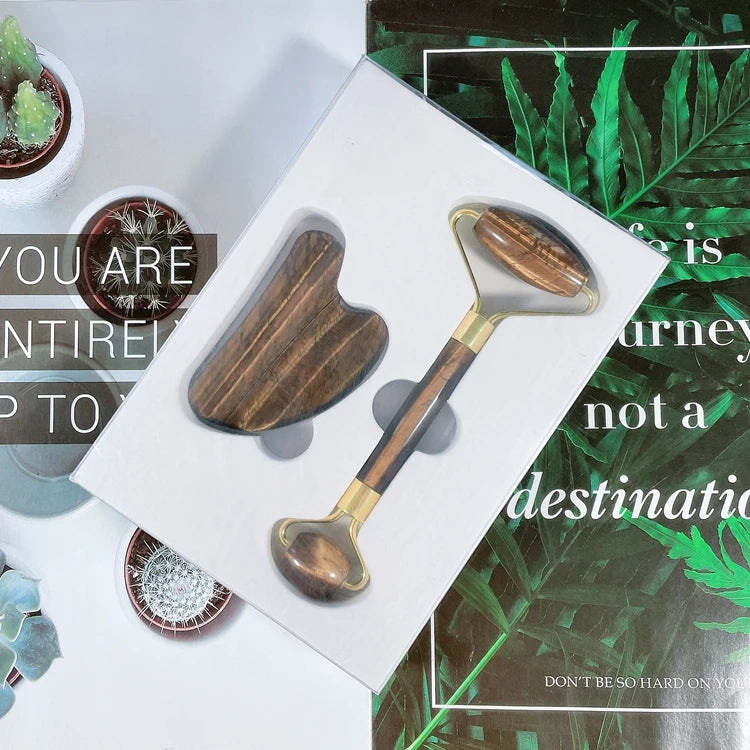 Hongzhuo Private Label Custom Logo Guasha Set Heart Stone Gold Metal Yellow Tiger Eye Jade Roller for Face Beauty Boards Kit