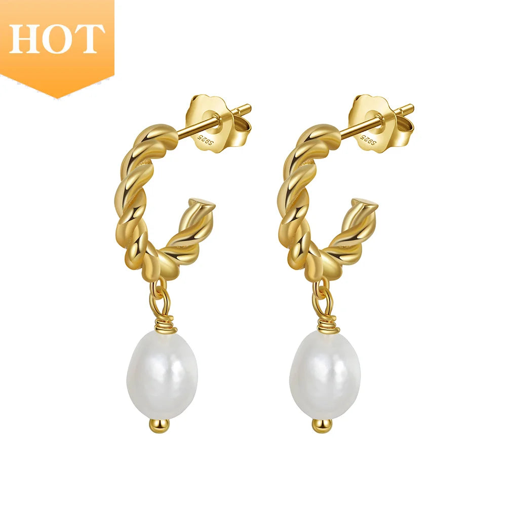 RINNTIN GPE17 Luxury Jewelry 925 Sterling Silver Cultured Freshwater Pearls Earrings14K Gold Plated Hoop Earings for Women
