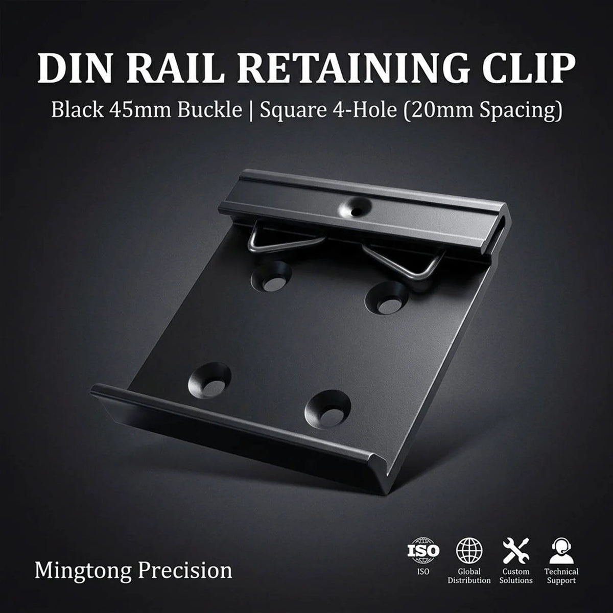 Black Aluminum 45 Wide 35mm Metric DIN Rail Clip with Snap Hook Square Hole 20mm Hole Spacing M4 Thread for Mounting Brackets