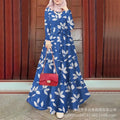 Women's Muslim Robe Vintage Dress Round Neck Leaf Print Lace up Large Swing Long Sleeve Loose Kaftan Abaya Plus Size Dresses