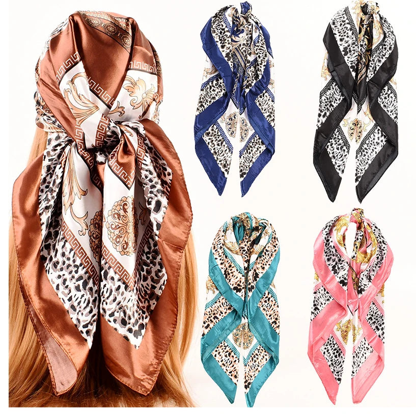90x90cm Fashion Silk Vintage Printed Skin Friendly Custom Color Large Headband Scarf Bandanas for Women Casual Decorative