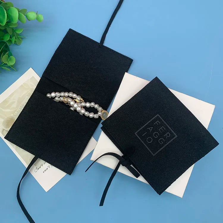 Small Gift Pouch with Two Pocket  Custom Black Microfiber Jewelry Packaging Bag with Logo