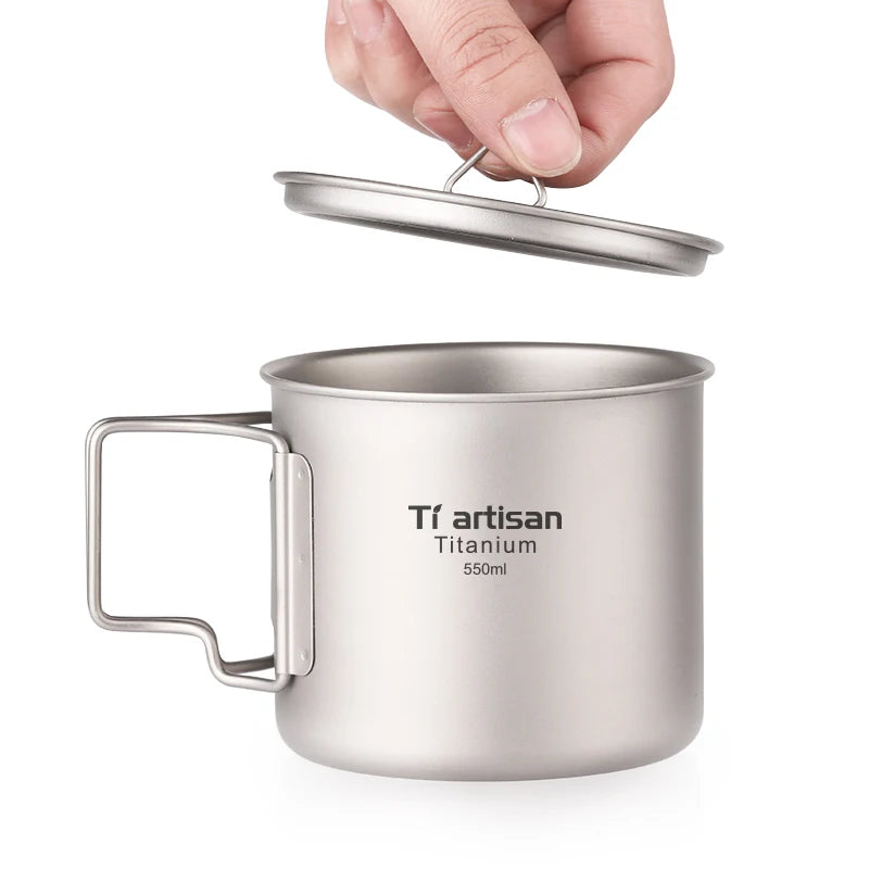 Titanium Cup 550ml Ultralight Outdoor Mug with Foldable Handle Boiling Water Safe Camping Cookware & Accessories