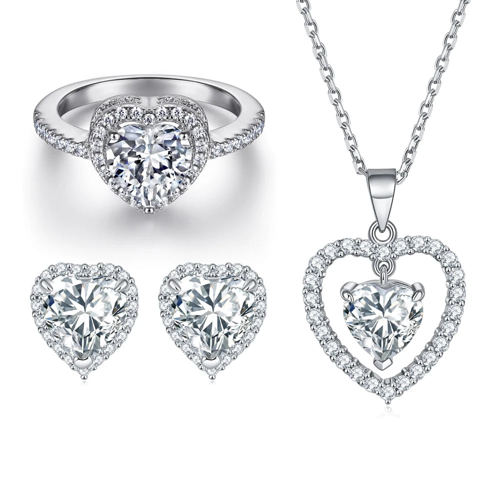 Luxury Ring Necklace Earrings 925 Silver Prong Setting Halo Cubic Zircon Heart Fine Diamond Jewelry Sets for Women