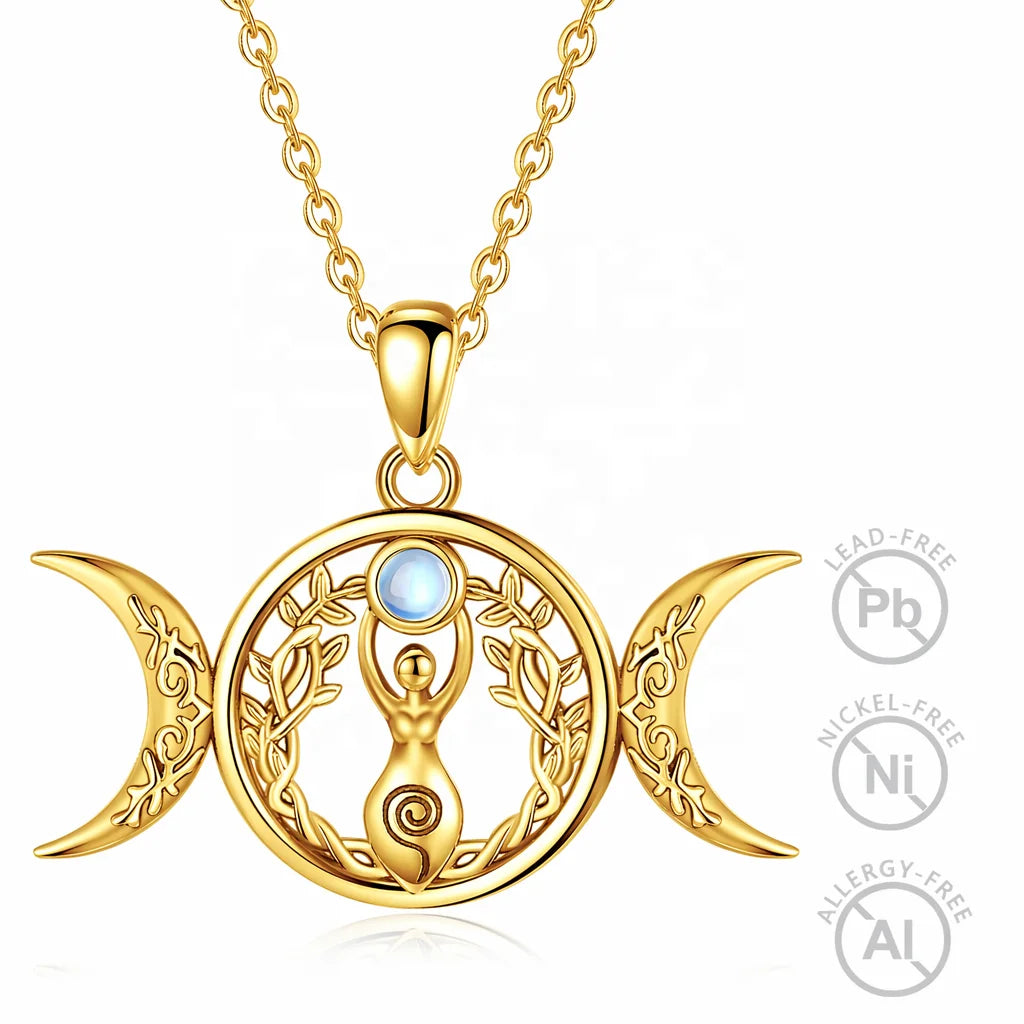 Niche Style 925 Sterling Silver Triple Moon Goddess Pendant Necklace for Women's Wedding Party Anniversary Jewelry Moonstone