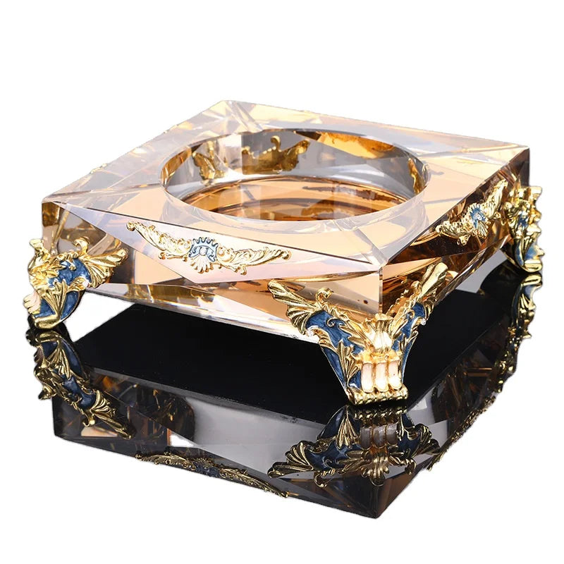 Exquisite Light Luxury Hotel Office Home Customized Logo Golden Black Clear Square Crystal Glass Cigar Ashtray