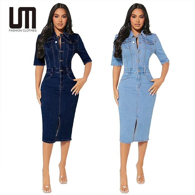 Liu Ming New Arrivals Trending Women Fashion Short Sleeve Elastic Buttons Jeans Denim Mid Length Dress