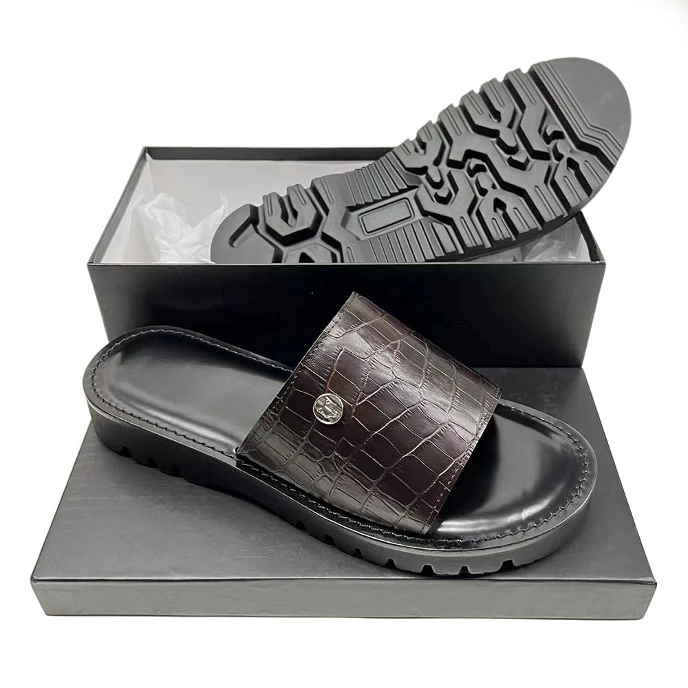 2024 New Stylish Men's Genuine Leather Sandals Non-slip Slippers Top Grade Cowhide Vamp Soft EVA Outsole Comfortable Customize