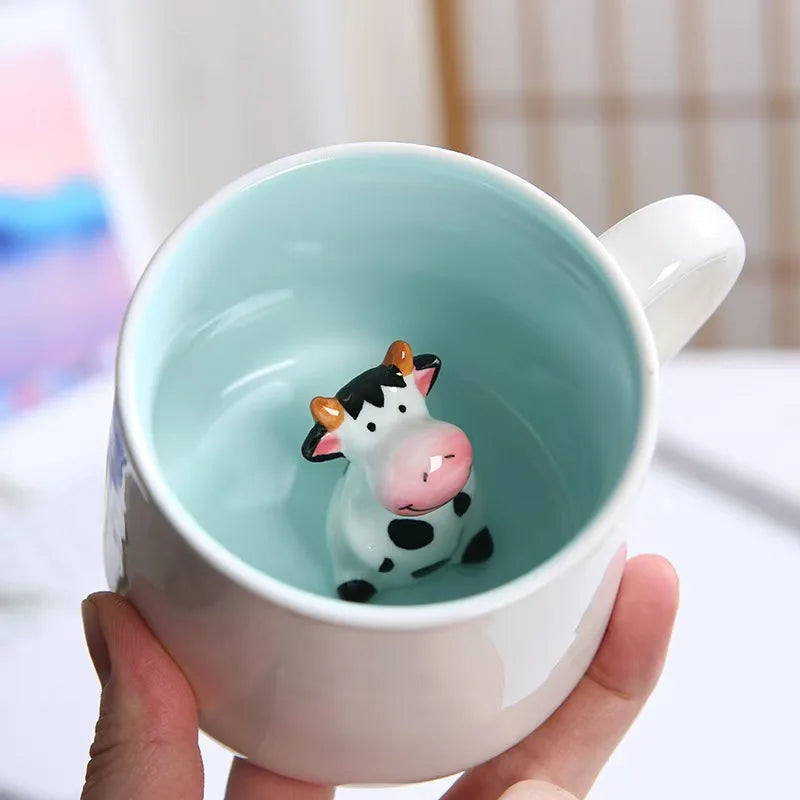 Large Capacity 3D Animal Ceramic Mug with Lid and Spoon Simple Girl Cartoon Logo Customization for Coffee and Tea
