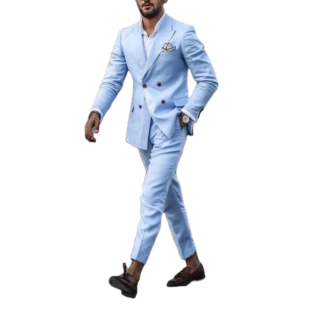 Casual New Design Men Suits With Pants Blue Solid Blazer for Double Breasted Office Wear Fashion 2022 Autumn Men Suits Coat