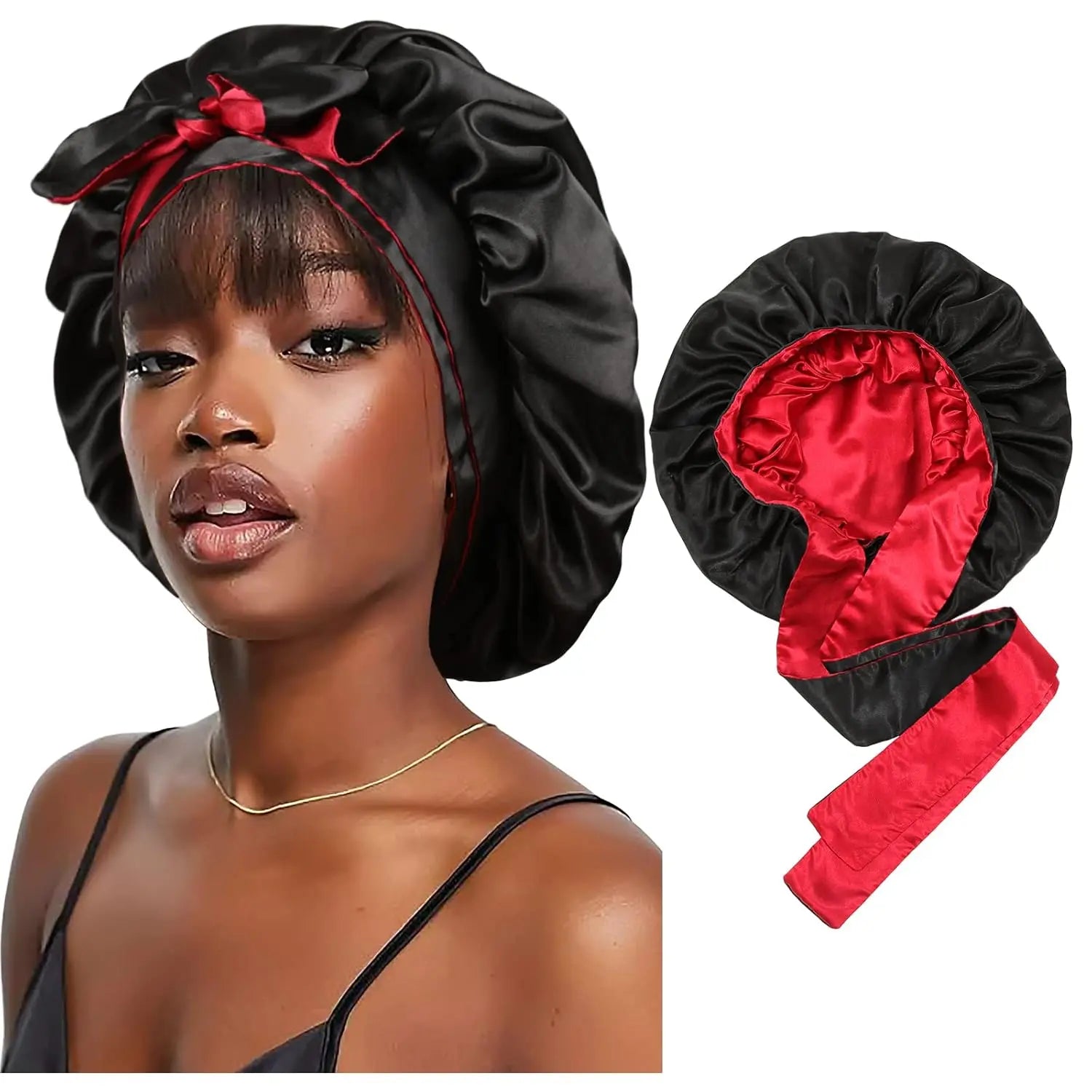 New Satin Braid Hair Sleep Cap Large Dreadlock Custom Long Tie Around Bonnets with Tie Band Striped Four Seasons